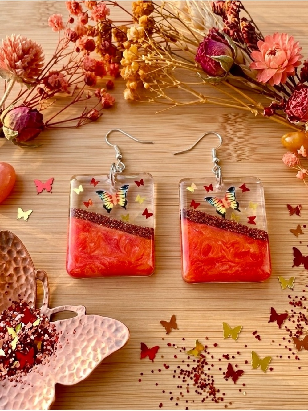 Handmade Red Butterfly Resin Drop Earrings